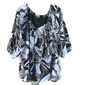 A.N.A. Woman’s Floral Blouse Sz 3X Tie Neck Left Side Black/white/Grey